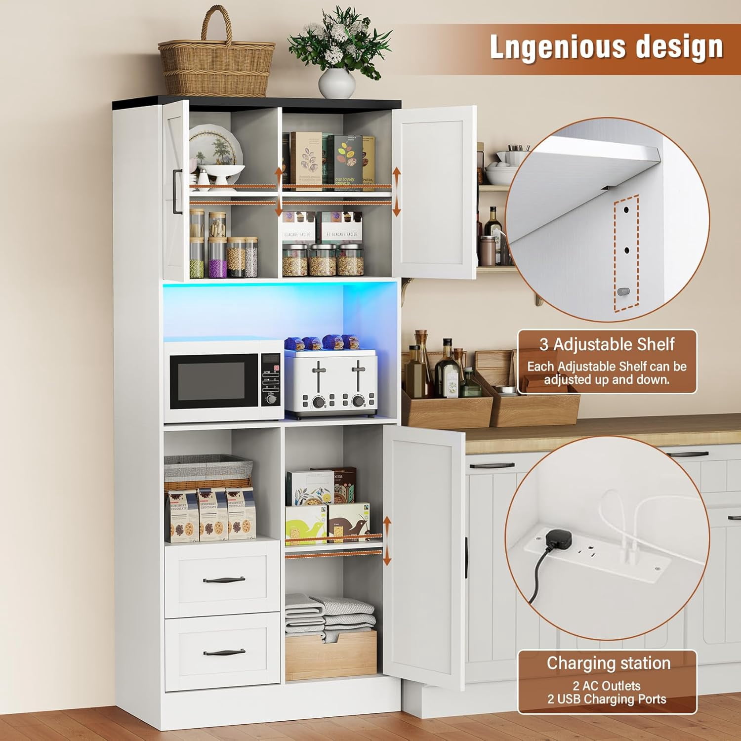 Frmobepts 68" Tall Kitchen Pantry with LED Lights, Free-standing Wood Storage Cabinet with Farmhouse Barn Doors for Dining Room, White
