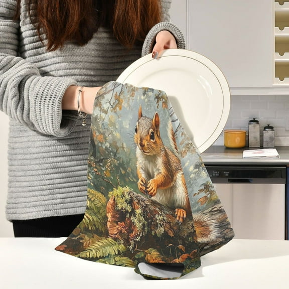 BZSMCE Kitchen Towels Creative Cute Squirrel Pattern Durable Kitchen Towel