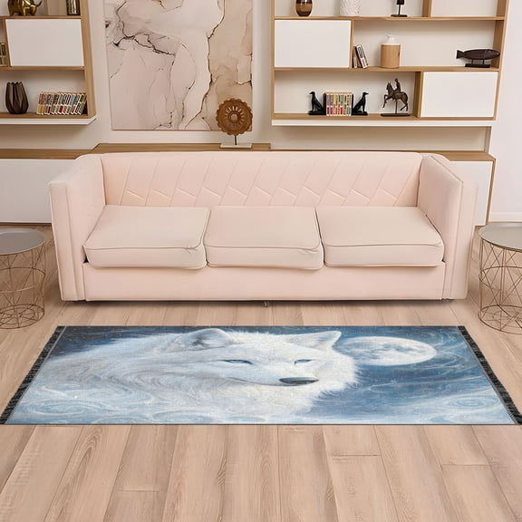 WOBOGO Cool White Wolf Bedside Long Rug Delicate and Soft Modern Indoor Area Decor Non Slip Carpet for Bed Room Corridor Entrance Balcony