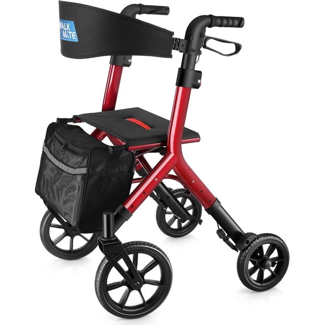 WalkMate Déambulateur à Roulettes pour Aînés de Grande Taille 5,3-7 Pi avec Siège à Hauteur Ajustable, Roues de 10 Pouces, Marchettes à Câbles Cachés, Conception Pliable Compacte, Aide à la Mobilité Légère pour la Marche, Dossier Élargi, Rouge
