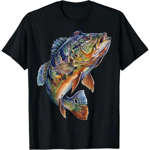 Colorful Watercolor Peacock Bass Fish Fisherman Gift for Men Short Sleeve Graphic T-Shirt