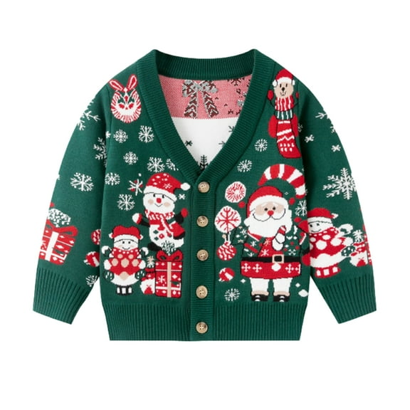 Toddler Boys Girls Christmas Cardigan Knit Sweater Double-sided Cartoon Print V Neck Buttons Soft Knitwear