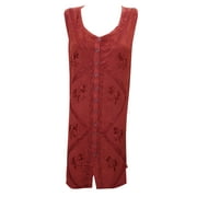 Mogul Women's Shift Dress Red Embroidered Button Front Sleeveless Beach Dresses XL
