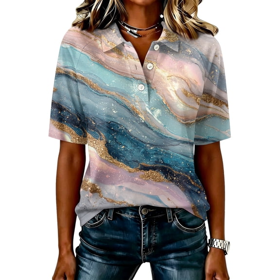 JULMCOMO Polo Shirts for Women Marble Print Button Collared Loose Fit Trendy Golf Shirts Short Sleeve Office Graphic Tees Sky Blue 3XL