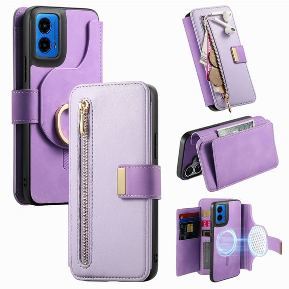 Dteck for Motorola Moto G 5G 2024 Case, RFID Blocking 2 In 1 Wallet with Detachable Magnetic Phone Cover, Compatible with MagSafe, Fashion PU Leather Flip Zipper Card Holder with Ring,Purple