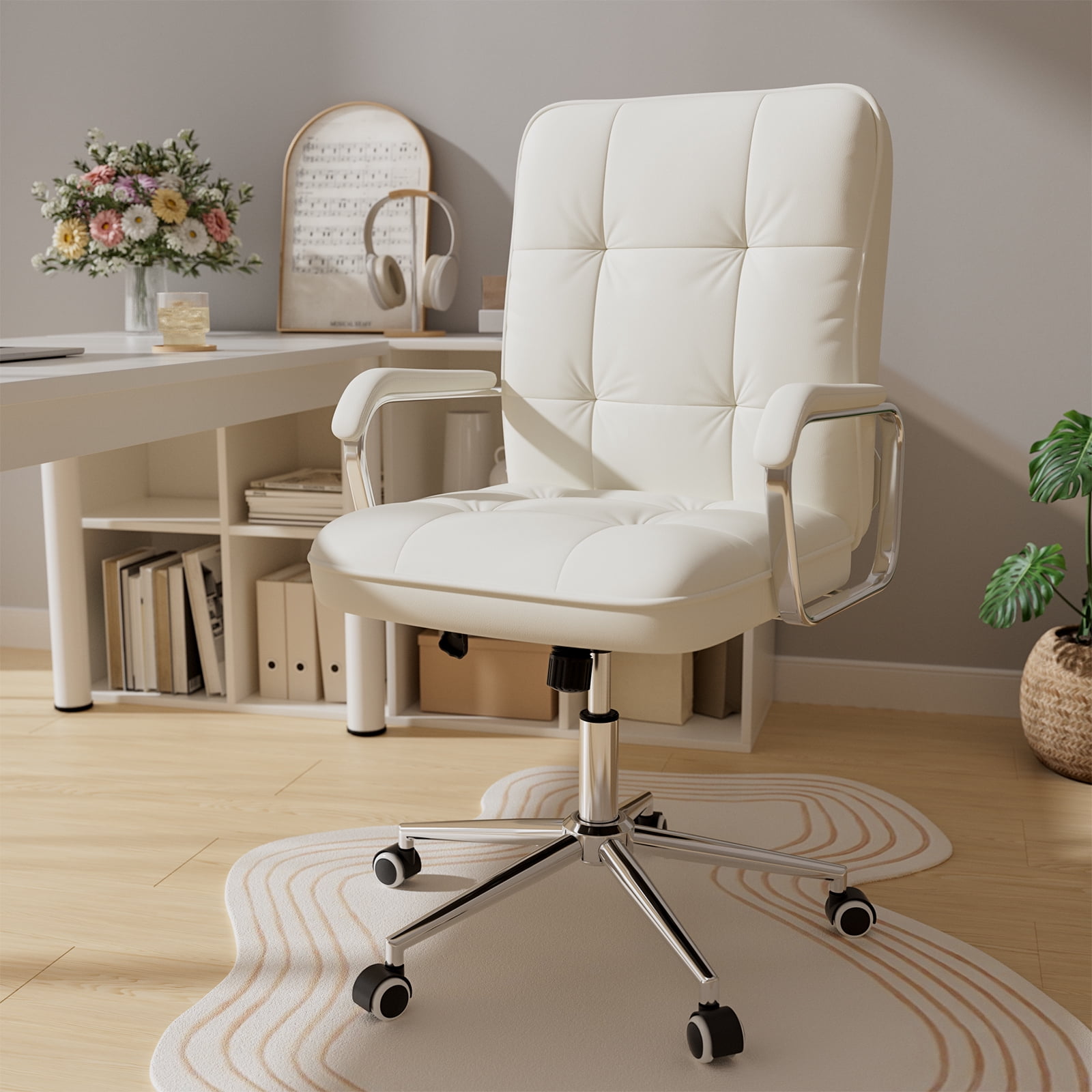 Genpo White Office Chair, Swivel Leather Computer Desk Chair with Wheels and Padded Arms, Executive Office Chair for Adults