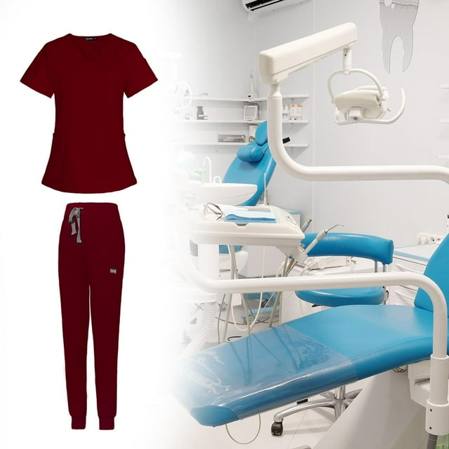 Uniforme de enfermería, traje de jogger con bolsillos, uniforme de enfermera, blusa femenina suave, , conjunto de pantalones superiores , Rojo, l Yinane Pantalones superiores