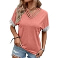 thumbnail image 1 of Blusa de verano para mujer con escote en V, manga corta y ribete de encaje, diseño entrecruzado, rosa XXL, 1 of 6