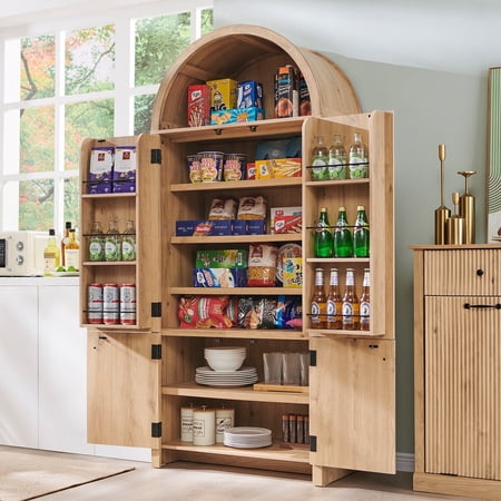 SinCiDo Arched Pantry Storage Cabinet with 4 Fluted Wood Doors, 71" Modern Kitchen Organizer with 6 Doors Shelves & Adjustable Shelves, Versatile Cupboard for Kitchen Dining Room