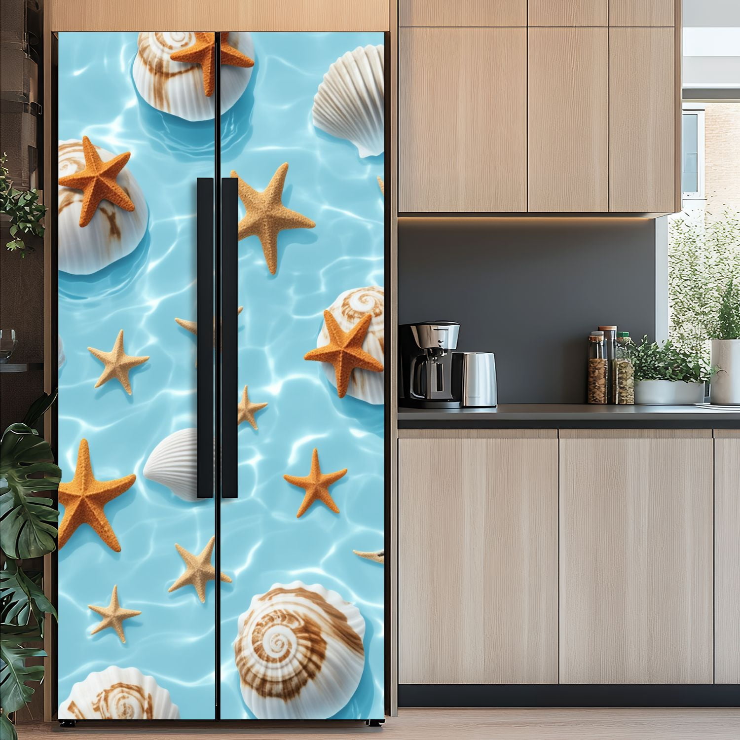 Self Adhesive Vinyl Refrigerator Wrap Set Ocean Shells Starfish Floating Water Door Mural Removable Fridge Sticker Peel and Stick&nbsp;Full Door Cover Decal Kitchen Bar Decor
