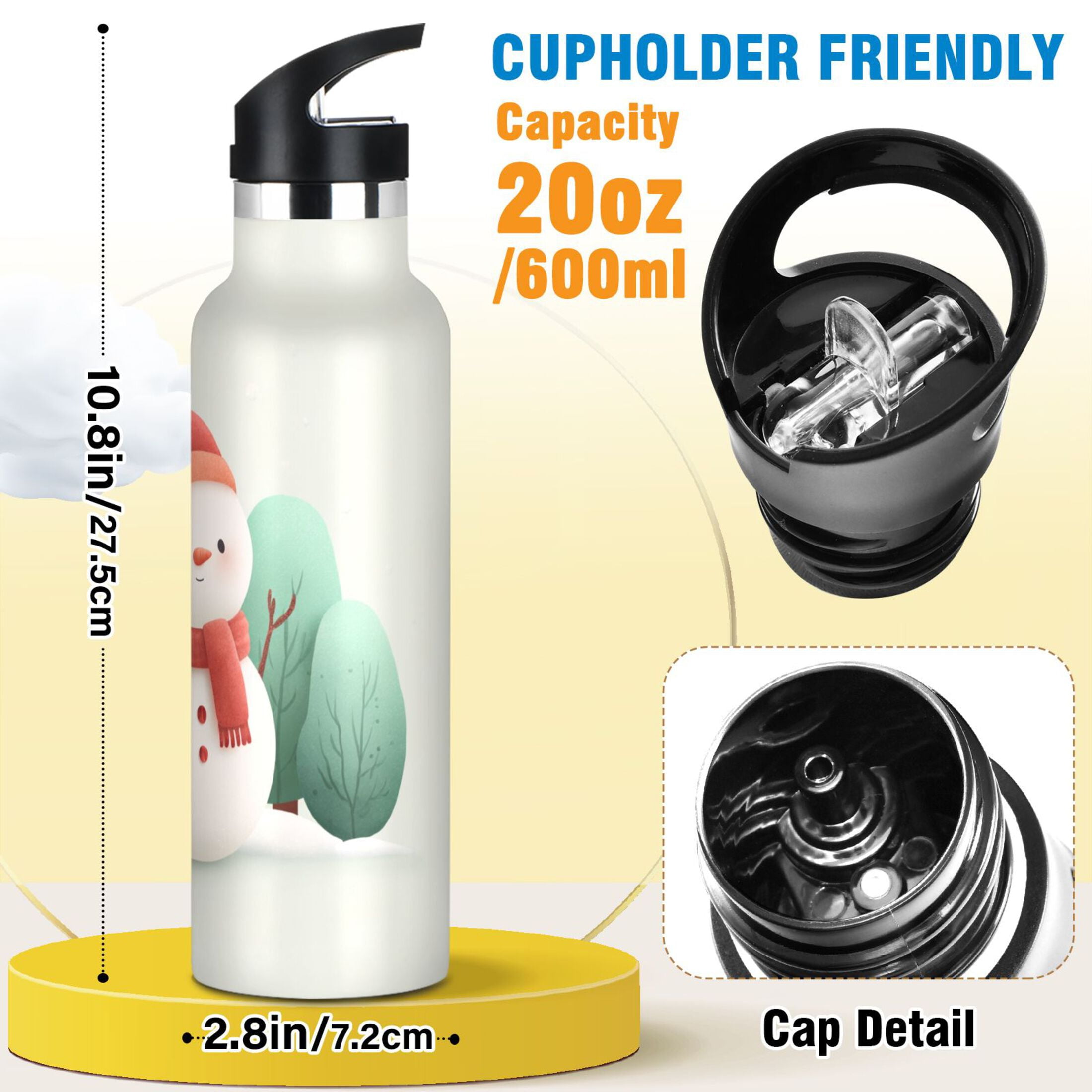 600ML Stainless Steel Insulated Cup Sports Water Bottle Portable Thermos Cup Water Glasses Insulated Tumblers Convenient and Durable Romantic Christmas Snowman