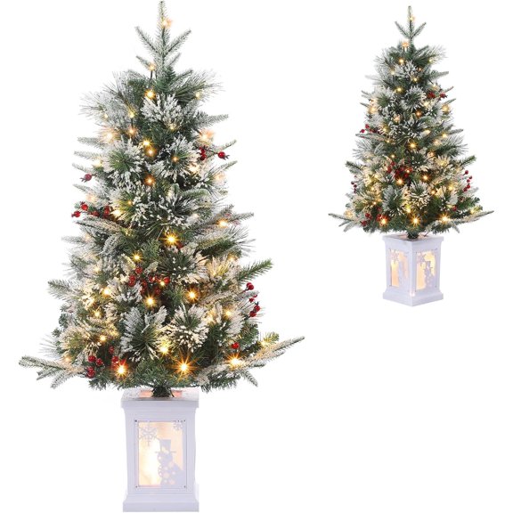 Senfot 4.5FT Slim Pre-Lit Artificial Christmas Tree, Multicolor LED Lights, Snow Flocked Pine Tree, Sturdy Pot Base, Perfect for Christmas Home & Office Decoration 2pcs