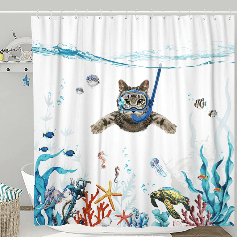 Funny Dog Shower Curtain Set Teal Blue Sea Ocean Waterproof Fabric