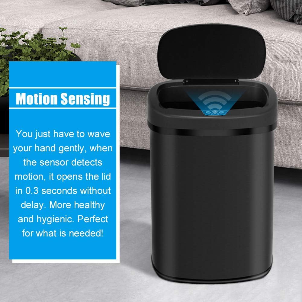 Dkelincs 13 Gallon Touch-Free Automatic Trash Can Stainless Steel Kitchen Garbage Can Waste Bin with Lid, Black