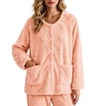 thumbnail image 3 of Lcziwo Women Plush Pajama Jacket Cute Bow Texture Fleece Bed Jackets Button Front Fall Winter Sleepwear with Pockets Orange,S, 3 of 8