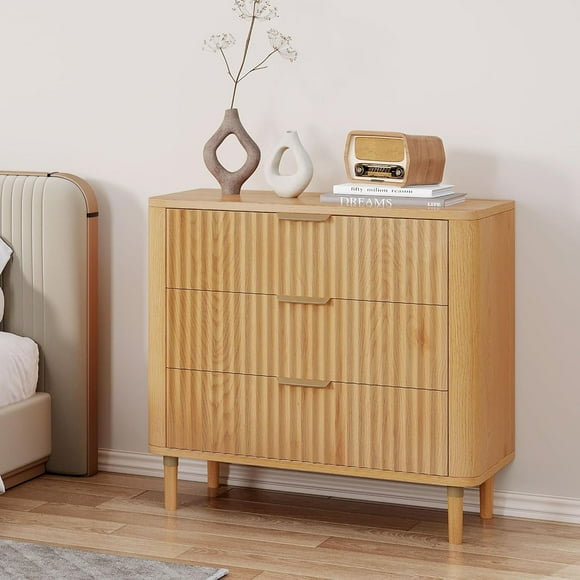 3 Drawer Dresser, 32 inch Tall and Wider Modern Closet Dressers Chest of Drawers with Waveform Fluted Panel, Wood Storage Dresser Organizer for Dorms, Flats, Living Rooms, Hallways, Natural Oak