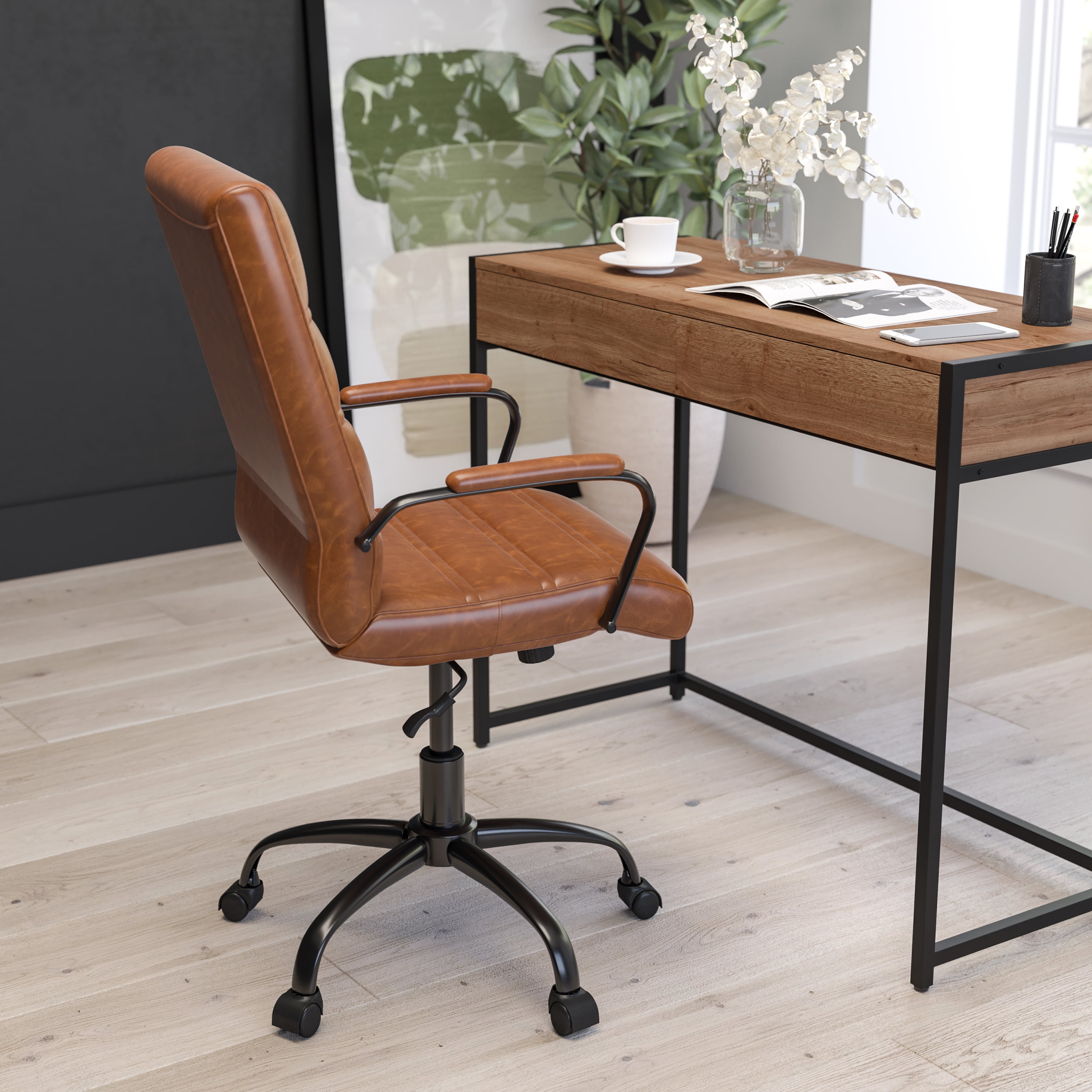 Merrick Lane Contemporary Mid-Back Brown Faux Leather Home Office Chair with Padded Black Arms