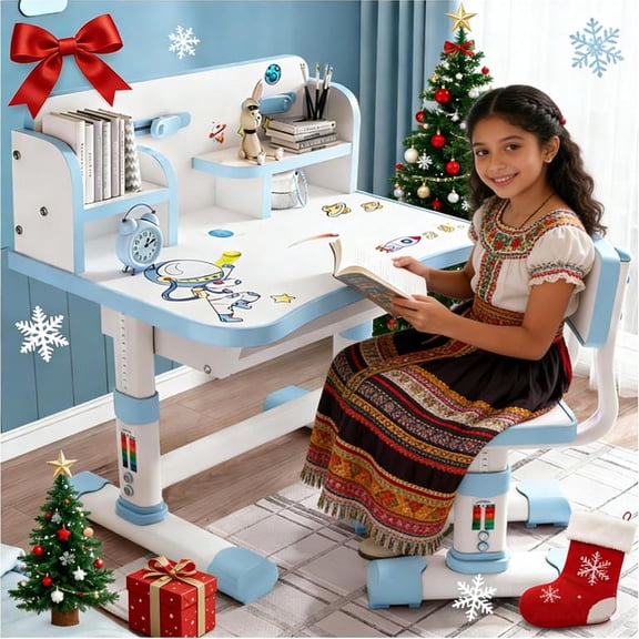Floseru Talent Star Kids Desk and Chair Set,Adjustable Girls School Writing Study Table,Ergonomic Desk Chair with Large Writing Board Pull Out Drawer Book Stand