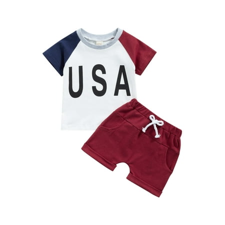 

Baby Boy 4th of July Outfit Summer Shorts Set Short Sleeve USA Letter print American Tees Solid Shorts 2Pcs Clothes(Red Blue USA 3-6 Months)