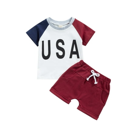 

GXFC Toddler Baby Boys 4th of July Outfits Short Sleeve Letter Print Tops+Rolled Cuff Shorts Set Little Boys Independence Day Summer Clothes 2Pcs 0-4Y