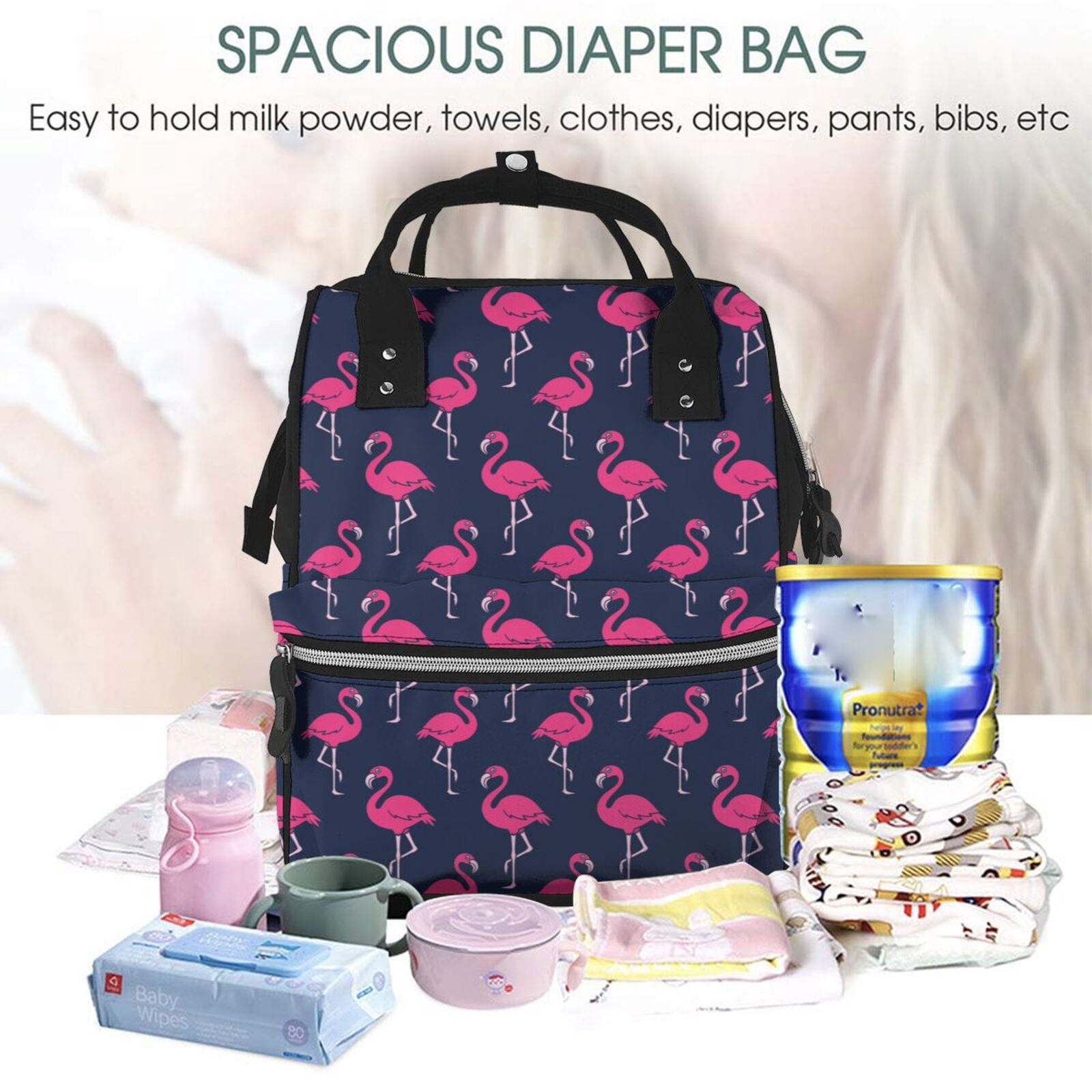 Ratiio Cute Flamingo Mummy Backpack - Waterproof Twill Canvas, Large Capacity Diaper Bag with Multiple Pockets and Adjustable Straps