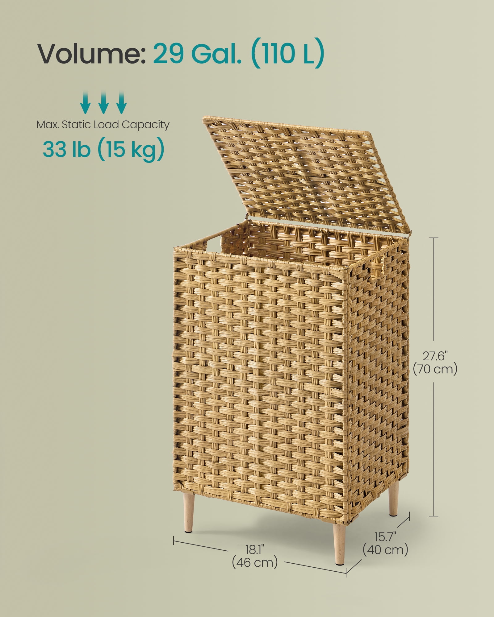 SONGMICS Laundry Hamper with Lid, PE Rattan,with Removable Liner, Storage Basket, 2-Section Sorter, 29 Gallons (110 L), Goose Yellow