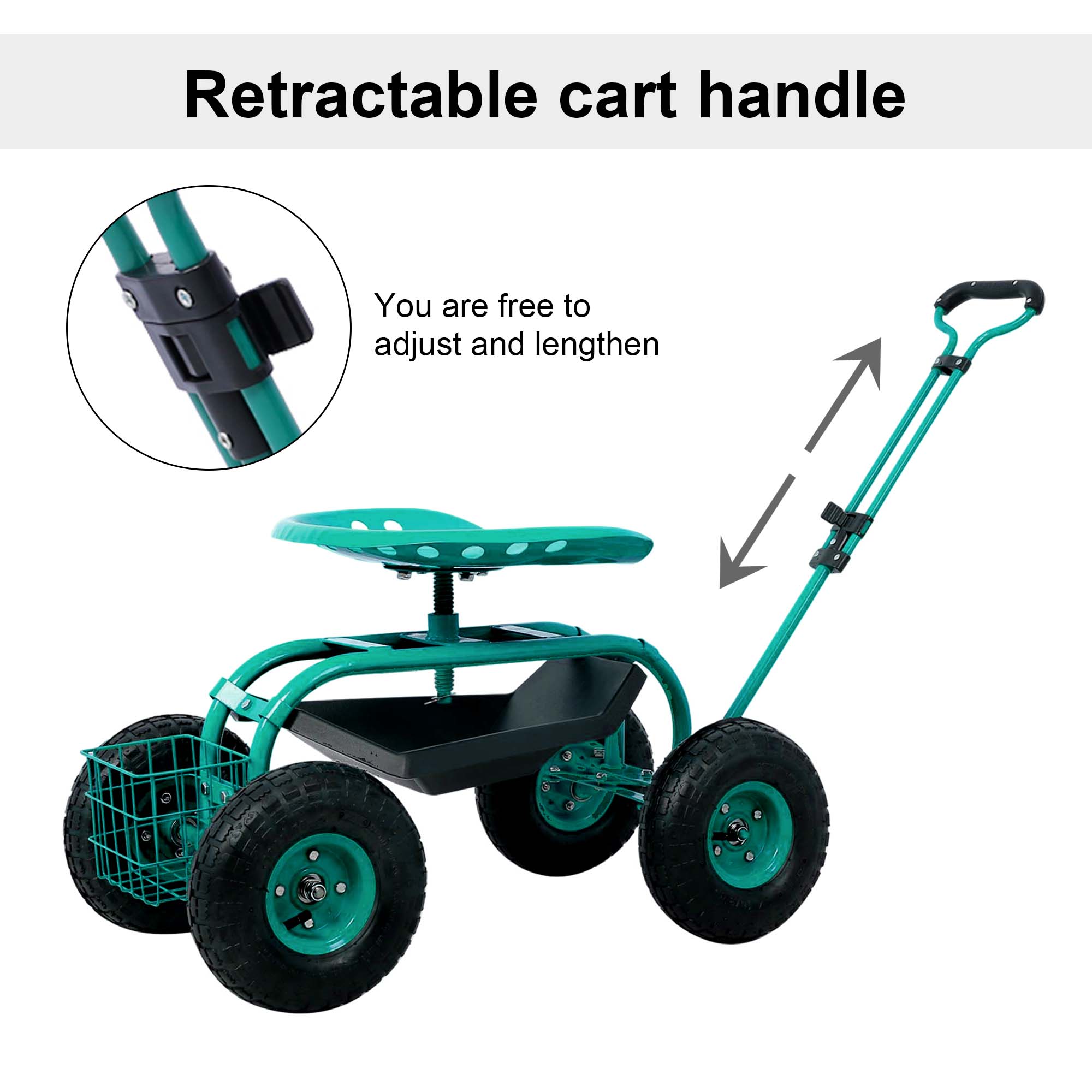 Aukfa Rolling Garden Cart Scooter with Swivel Seat, Wheels, and Tool Tray - Green