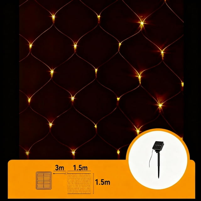 Luz red solar 1.5×1.5 m verde oscuro 100 LED blanco cálido 8 funciones IP65