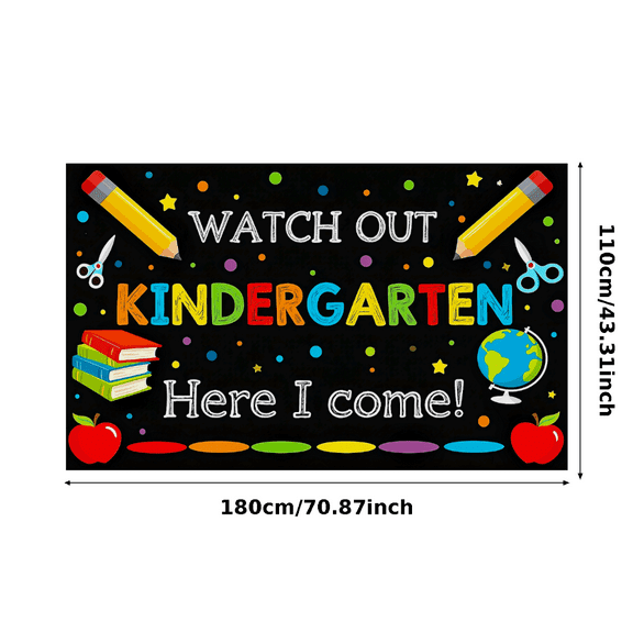 Colorful School Supplies Themed Backdrop Banner for Kindergarten Entrance Celebration Watch Out Kindergarten Here I Come Party Decorations Photography Props Classroom Background