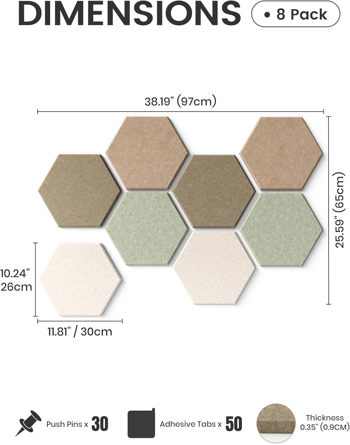 Hexagon Cork Board Alternative for Walls Decor-8-Pack Felt Bulletin Board Tiles,with 30 Pushpins,50 Adhesive Tabs for Office,Classrooms & Home Pin Board Felt Board-Linen Dusk