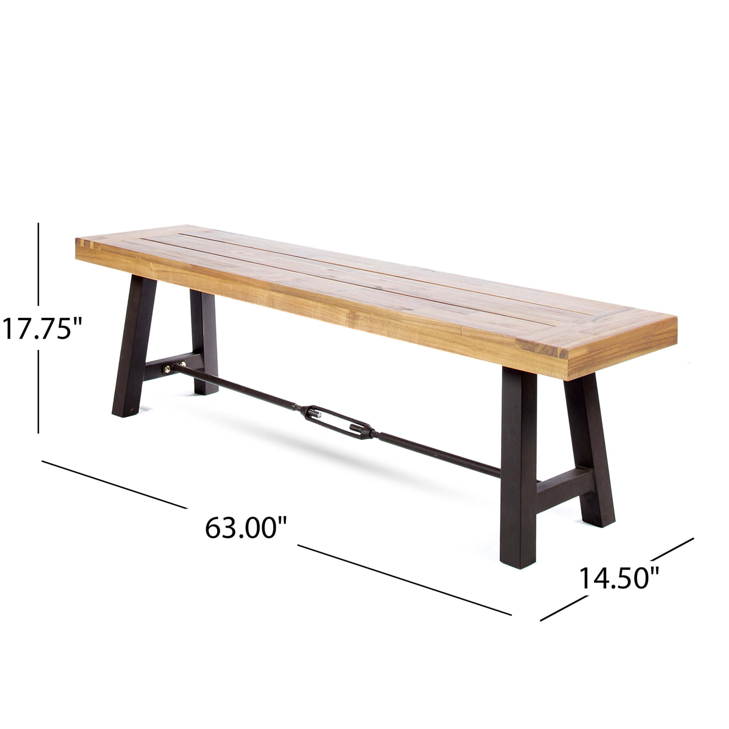 Jace Acacia Wood Outdoor Dining Benches, Set of 2, Teak and Rustic Metal