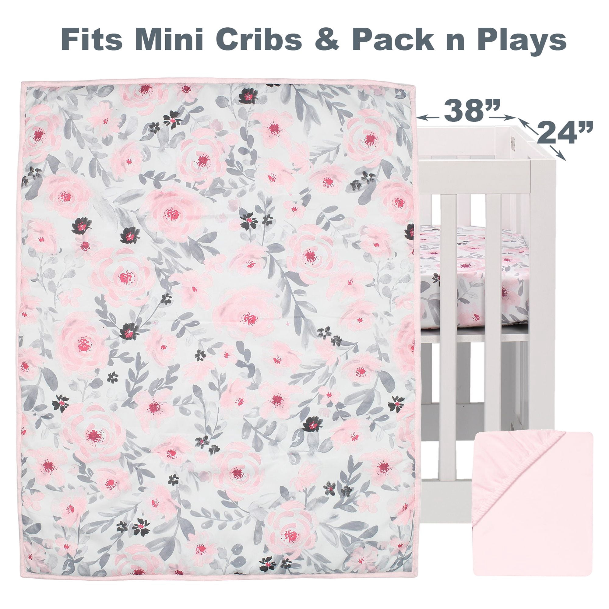 Bedtime Originals Blossom Pink Watercolor Floral 3-Piece Mini Crib Bedding Set