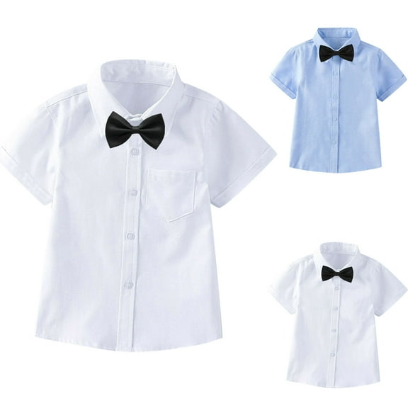 Elainilye Fashion Toddler Boys Short Sleeve Blouse Solid Color Gentleman's School Uniform Shirt Bow Tie Suit Sizes 3-14Y,Beige