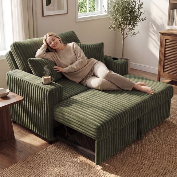 Marrber Green 52” 3-in-1 Convertible Pull-Out Sofa Bed Sleeper Loveseat with Reclining Backrest, Built-in Cup Holders, Pet-Friendly Corduroy Sofa for Small Space