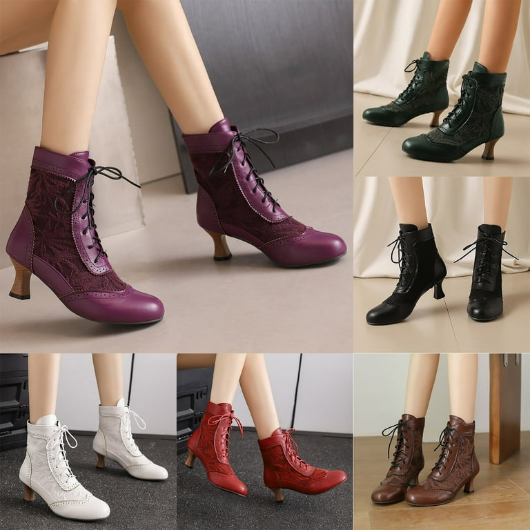 Vintage High Heels Dress Combat Boots for Women Lace Leather Patchwork  Kitten Wedding Ankle Booties