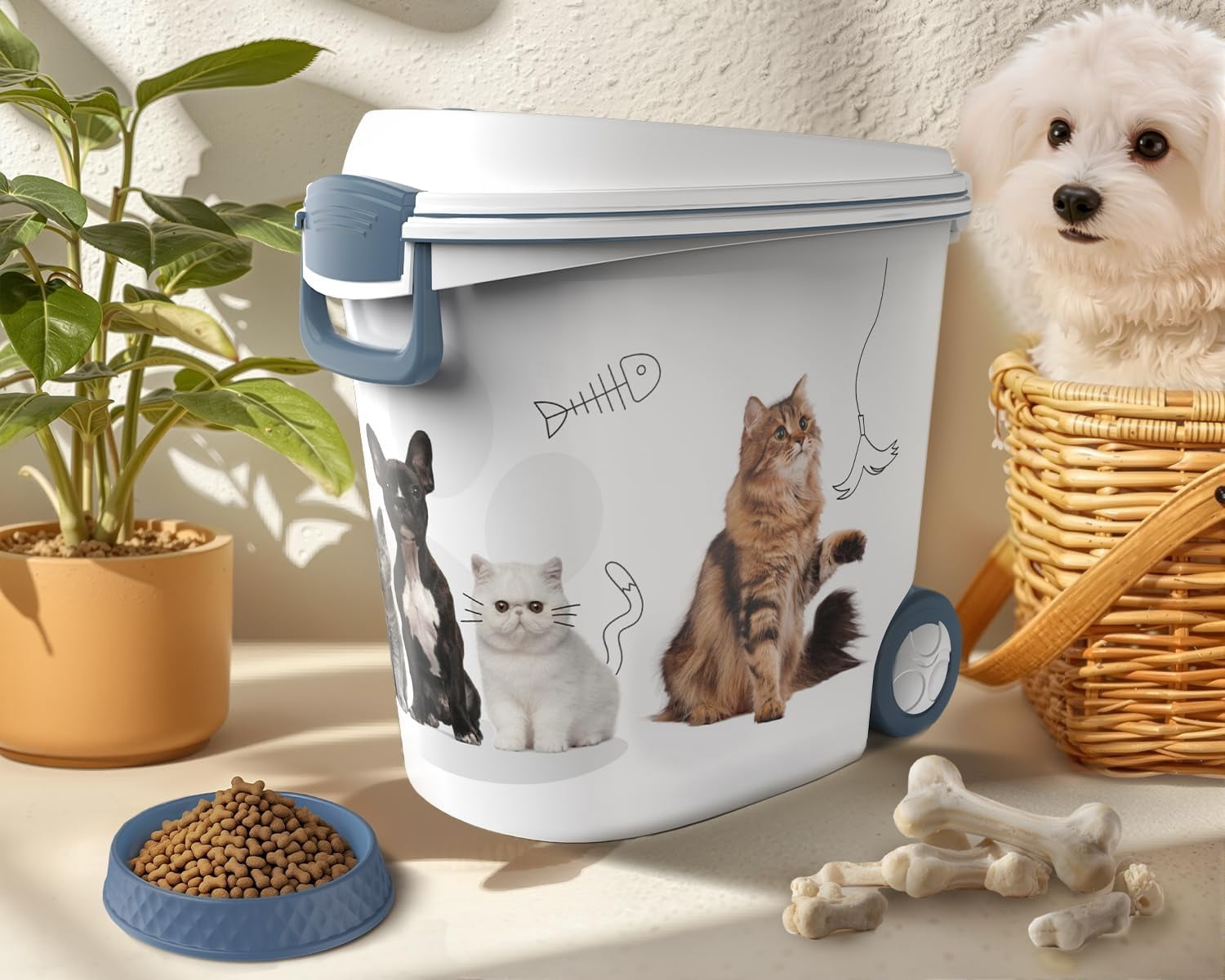 LEHOME Pet Food Storage Container with Wheels Resin 30LB Capacity Dog Food Container with Slow Feeder Bowl and Scoop Easy to Move to Keep Food Fresh for Dogs, Cats, Birds