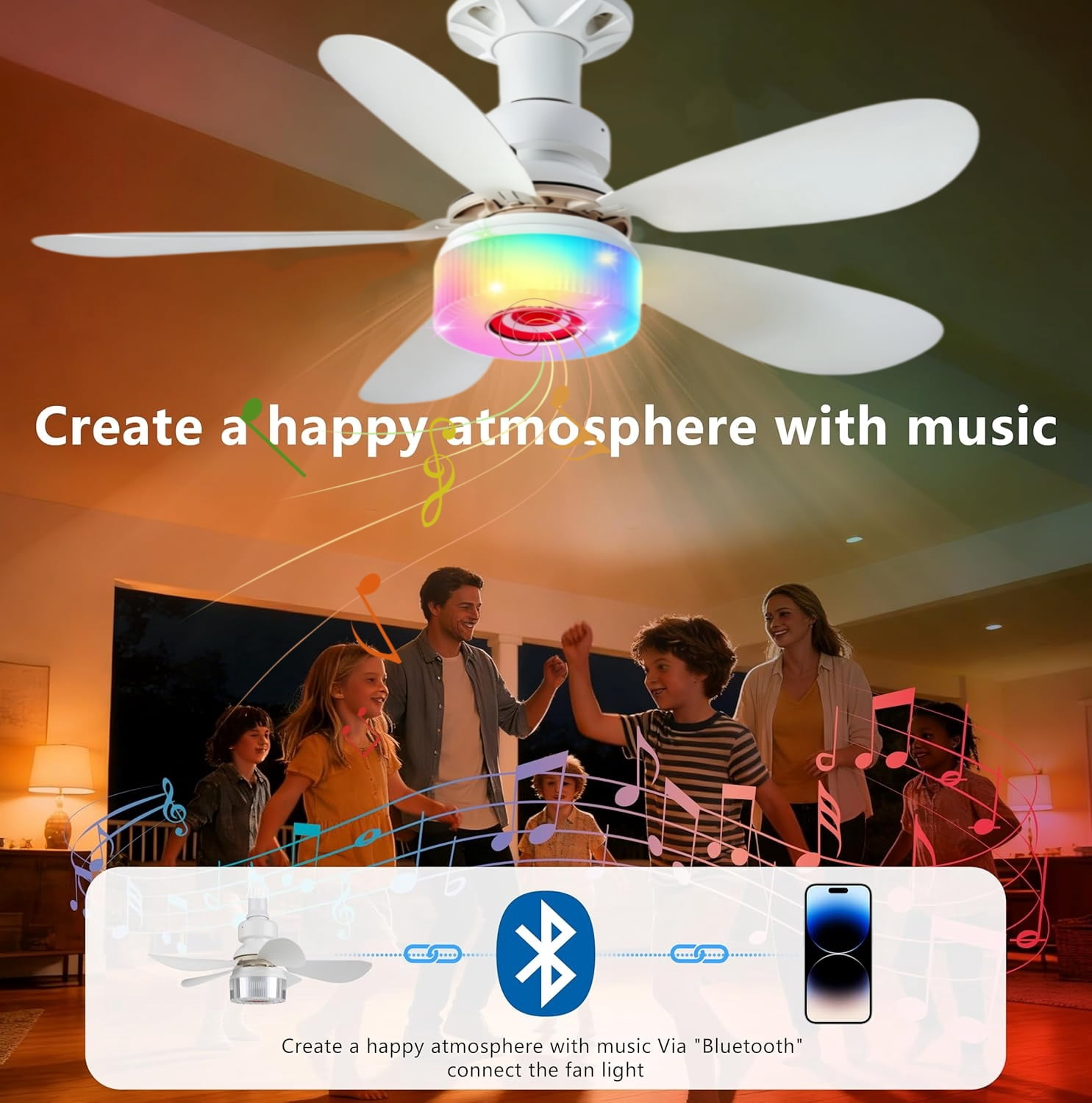 Ceiling Fans with Lights,Fan Light with Multi-Color RGB Adjustable Brightness and Bluetooth Speaker,20.5-Inch Crystal Fan Ambient Light Screw-in Fan Light with Remote Control