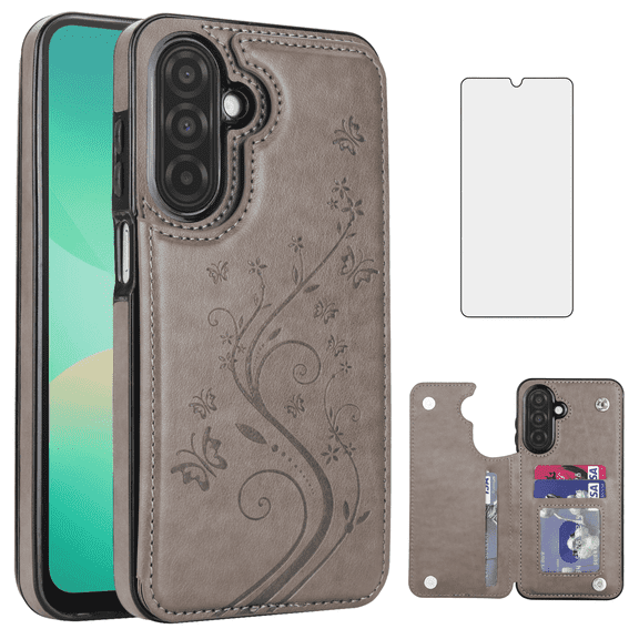 Asuwish Case for Samsung Galaxy A17 / A26 5G with Tempered Glass Screen Protector， Flip Wallet Cases Leather Stand with Card Holder，Double Magnetic Clasp Durable Shockproof Cover LTE 4G Gray