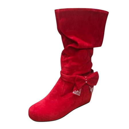 

Dyfzdhu Retro Women Flock Rhinestones Bow Tie Low Heeled Slip On Mid Calf Boots Round Toe Shoes