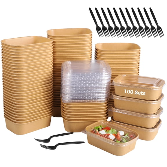 100PCS Disposable Meal Prep Containers, 17oz Thick Kraft Paper Lunch Boxes with Forks & Clear Lids, 500ml Leakproof Lidded Food Containers for Takeout Catering Picnic