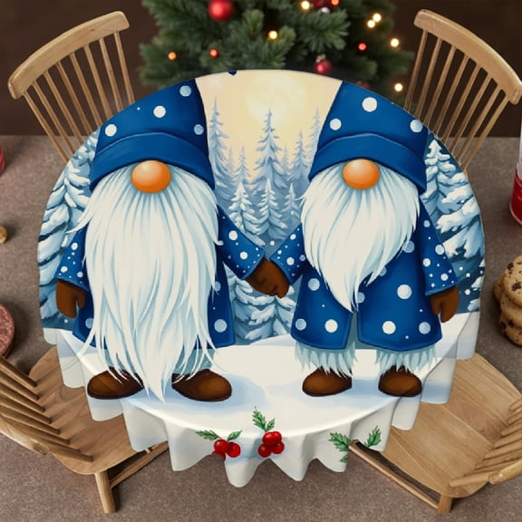 RKSupls 60 Inch Round Tablecloth, Winter Gnome Couple Polyester Table Cover - Soft, Stain Resistant & Washable Decor for Wedding, Party, Holiday, Home Dining