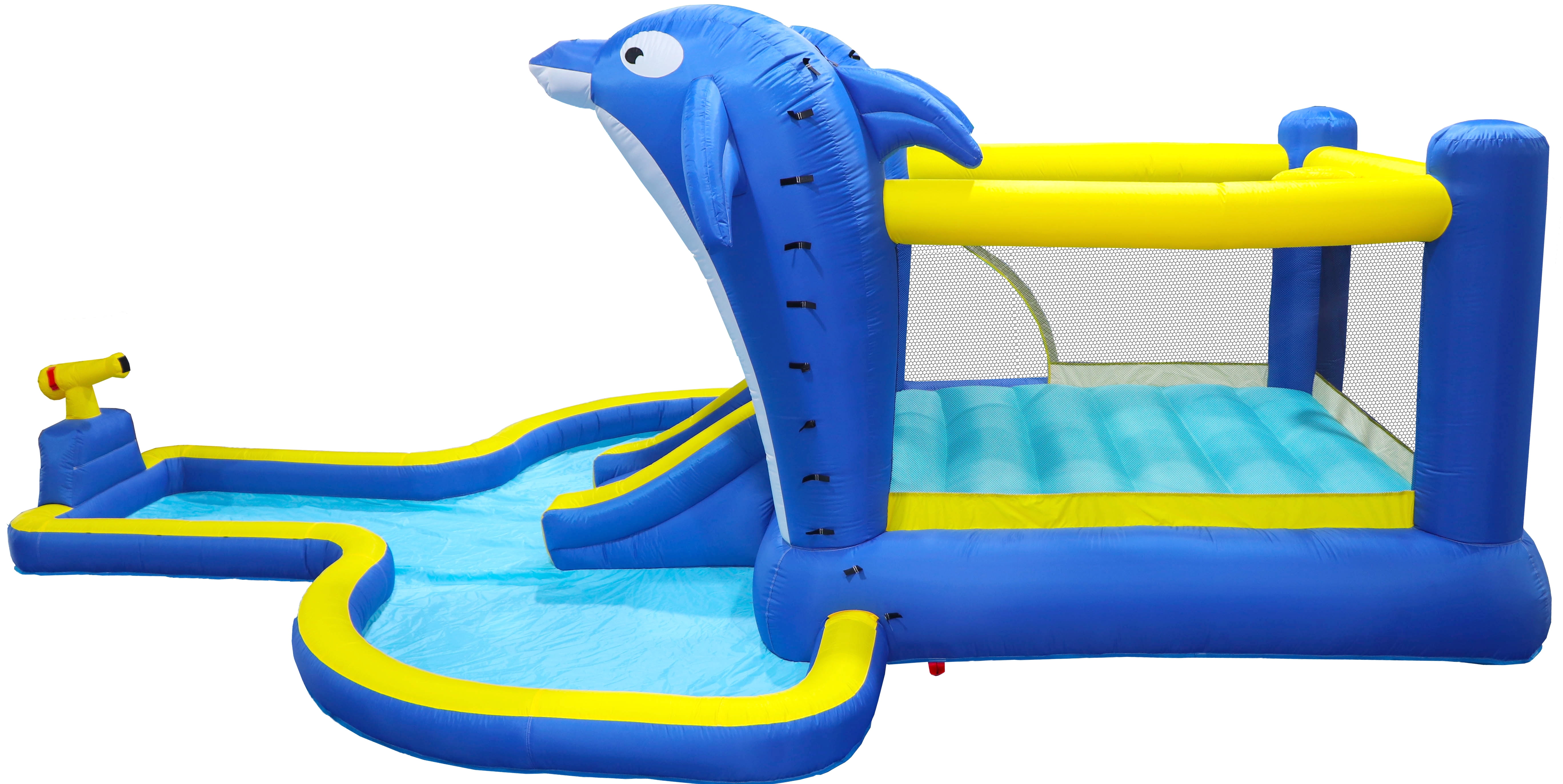 YIYADO Inflatable Bounce House Water Slide, Indoor and Outdoor Bounce House for Kids, Dolphin Sprinkler and Target Game and Water Gun and Basketball, Blue