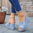 thumbnail image 4 of Rokment Linen Wedges Dress Slides Sandals for Women Beach Breathable Cotton Fabric Open Toe Platform Extra High Heels Fashion Casual Summer Espadrilles Heeled Slip on Light Blue Size 7.5, 4 of 6