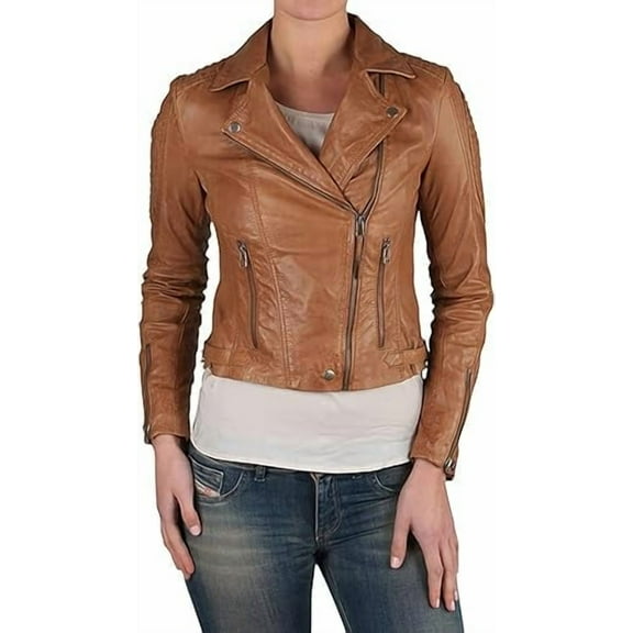 Womens Genuine Lambskin Leather Jacket Motorcycle Biker Leather Jacket W048
