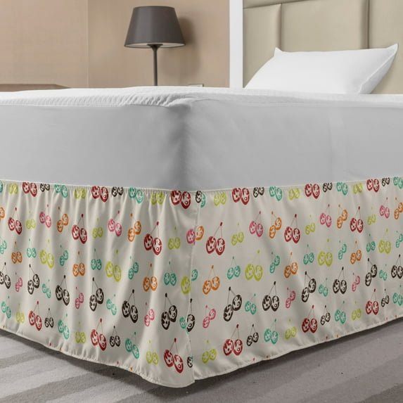 Cherry Bed Skirt, Colorful Digital Fruits Fresh Organic Harvest Season Elements, Elastic Bedskirt Dust Ruffle Wrap Around for Bedding Decor, 4 Sizes, Pale Eggshell Multicolor, by Ambesonne