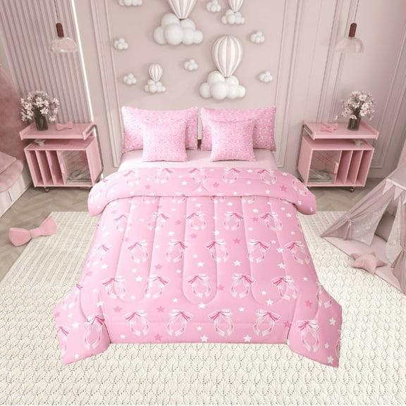 Erosebridal Pink Bowknot Bedding Sets Twin Size,Deamy Princess Comforter Sets with Sheets,Kawaii Bow Bed in a Bag Twin size,Breathable Cartoon Room Decorative,Reversible,7-Piece