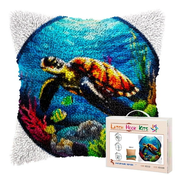 Simming Sea Turtle Coral DIY Latch Hook Pillow Kits for Adults Printed Pillowcase Crochet Yarns Hooking Handmade Pillow Cover Cushion for Home Sofa Decoration 17x17inch