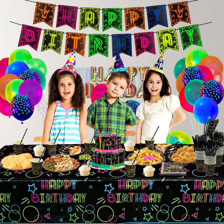 Glow Neon Party Supplies - Glow in The Dark Theme Happy Birthday Banner, Plates, Napkins, Cup, Tablecloth, Knives, Fork, Spoon and Straws for