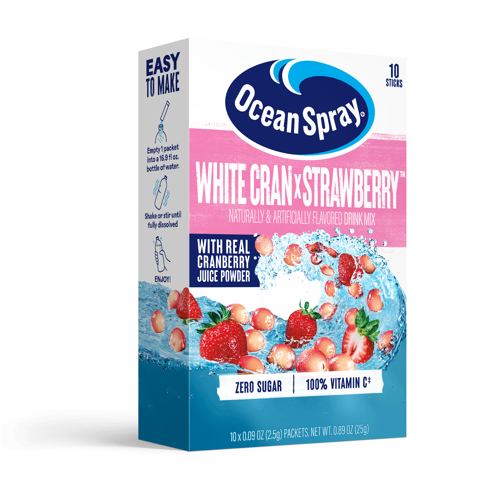 Ocean Spray On-The-Go Powdered Drink Mix, White Cran Strawberry, Zero Sugar, 10 Count