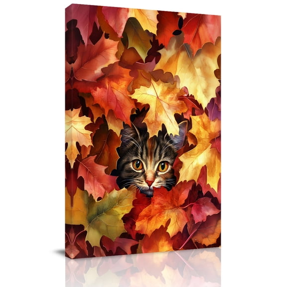 Canvas Wall Art, Fall Framed Canvas Prints for Bathroom Hallway, Thanksgiving Farmhouse Cat in Maple Leaf Small Gallery Wrapped Wall Decor for Home Office, Gifts, 8"x10" Ship Next Day